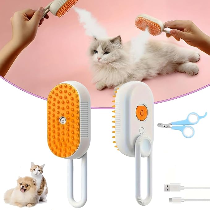 4 in 1 Pet Steam Brush, Cat Steam Brush, Quick & Easy Pet Hair Remover, Massaging & Deshedding - Anti-Static, Moisturizing, USB Rechargeable for Dogs & Cats (White)
