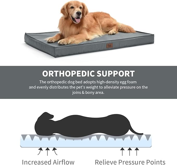 Orthopedic Dog Bed for Large Dogs, Big Waterproof Dog Bed Washable Pet Bed for Large Sized Dogs with Egg Crate Foam Pet Bed Mat, Removable Oxford Cooling Cover, Grey