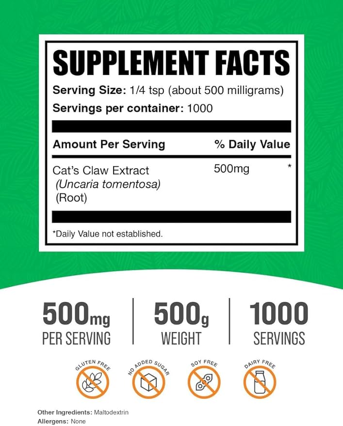BulkSupplements.com Cat's Claw Extract Powder - Cat's Claw Supplement, Cats Claw Powder - Herbal Supplement, Gluten Free, 500mg per Serving, 500g (1.1 lbs) (Pack of 1)