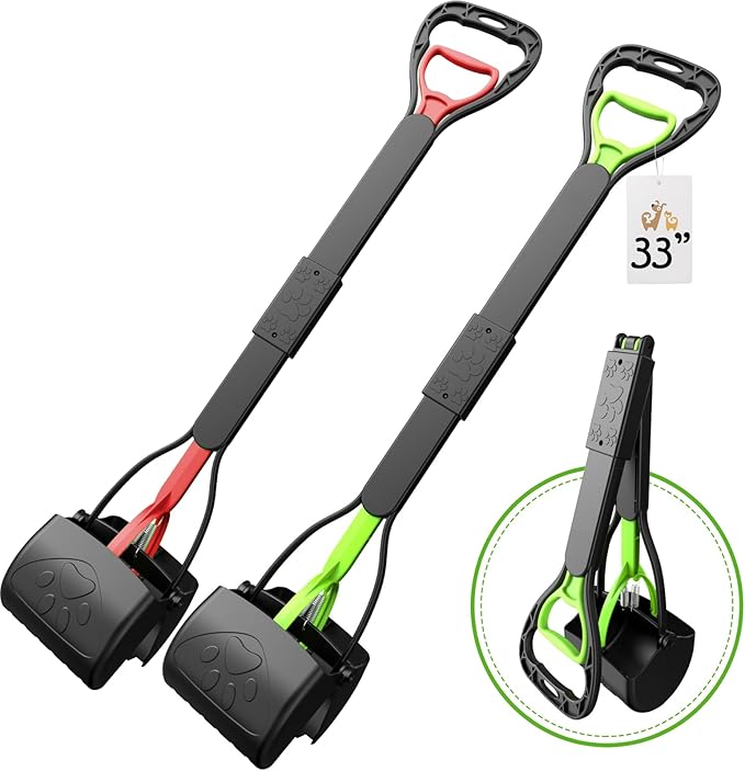 33" Pooper Scooper 2 Pack, XL Tall Handle No Touch Dog Pooper Scooper for Large Small Dogs, Durable Spring & Lightweight, Large Pooper Scooper for Dogs Heavy Duty, Foldable Dog Poop Pick Up Tool