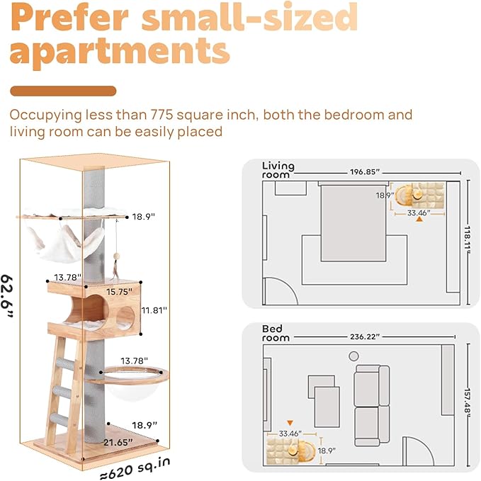 63-inch Modern Cat Tree, Luxury Cat Tower with Scratching Post, Unique Cat Condo with Hammock, Heavy Duty Kitty Climbing Tree for Indoor Cat, Wooden Kitty House for Small Medium Large Cats
