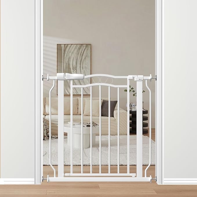 29.9-33.4 in Wide Baby Gate for Stairs Doorways, Auto Close Child Safety Gates Indoor for Dogs Pets, Pressure Mounted Metal Barrier Kids Toddler Door Walk Through, 30" Tall, White