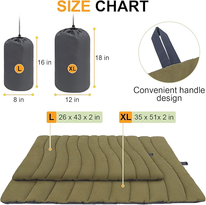 BEAUTYZOO Outdoor Dog Bed Waterproof, Camping Dog Bed Reversible, Portable Travel Bed with Carry Bag- Machine Washable, Durable, Foldable Outdoor Pet Bed Mat for Medium Large Dogs, 35” x 51“ Green