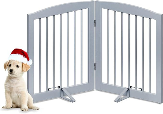 Freestanding Pet Gate for Dogs, Foldable Wooden Dog Gate for House, Indoor Pet Barrier for Stairs, Doorways, Support Feet Included, 24" Height 2 Panels, Grey