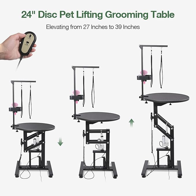 Electric Hydraulic Lift Pet Dog Grooming Table, 24Inch 360° Rotating Grooming Desktop for Small Dogs, with Overhead Arm, Wireless Remote, Tool Organizer, Black