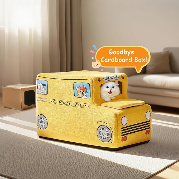 Cute Cat Beds Kitten Beds, Soft Small Dog Beds, Washable Pet Beds for Puppy and Kitty, Funny School Bus Cat Cave, 23 Inches