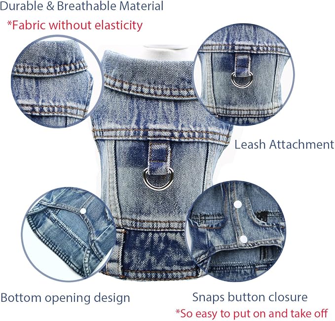 Puppy Clothes for Small Dogs Boy,Classic Western Denim Dog Coat,Dog Jeans Jacket with Leash D-Ring,Pet Cat Costumes,Cooling Harness Vest for Walking (Blue, Small)