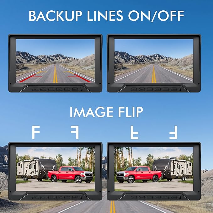 Dual RV Backup Camera Plug and Play, 7'' Backup Camera for Truck Trailer, No Delay, 1080P HD, 2 Channels, 150° Wide Angle, DIY Guide Lines, Night Vision, IP69 Rear View Camera
