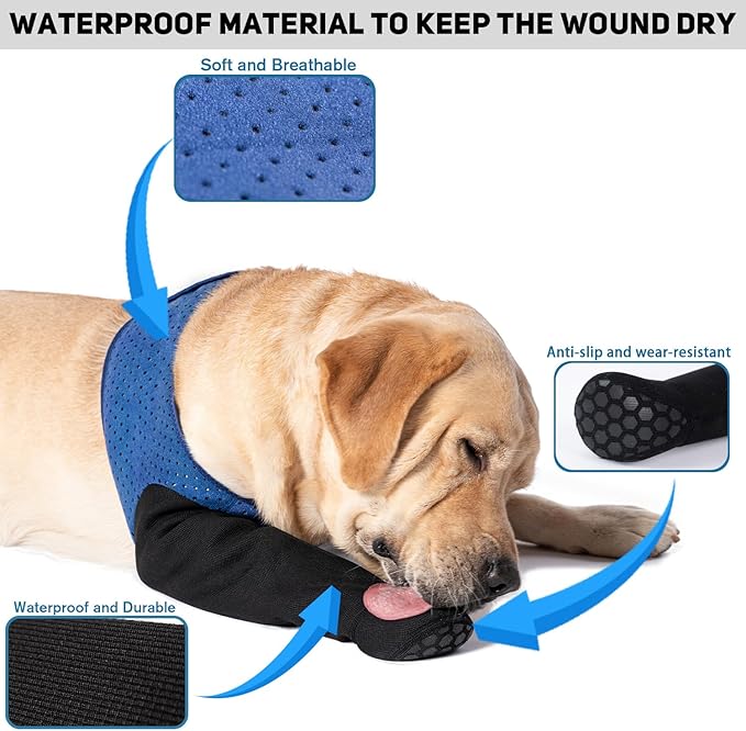 COODEO Dog Socks to Prevent Licking Paws, Healing Boots & Paw Protectors with Non-Slip Bottoms for Wound Protection, Waterproof Sleeve Shoes for Licking（Blue，XL_Right