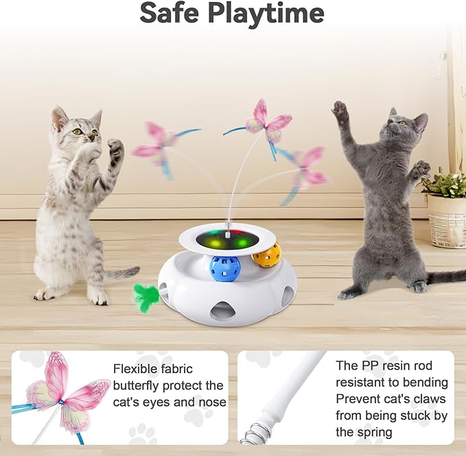 3in1 Interactive Cat Toys Moving Ambush Feather, Spinning Butterfly, Track Balls, Rechargeable Automatic Activated Kitten Toys for Indoor Cats, Cat Feather Toy for All Breeds