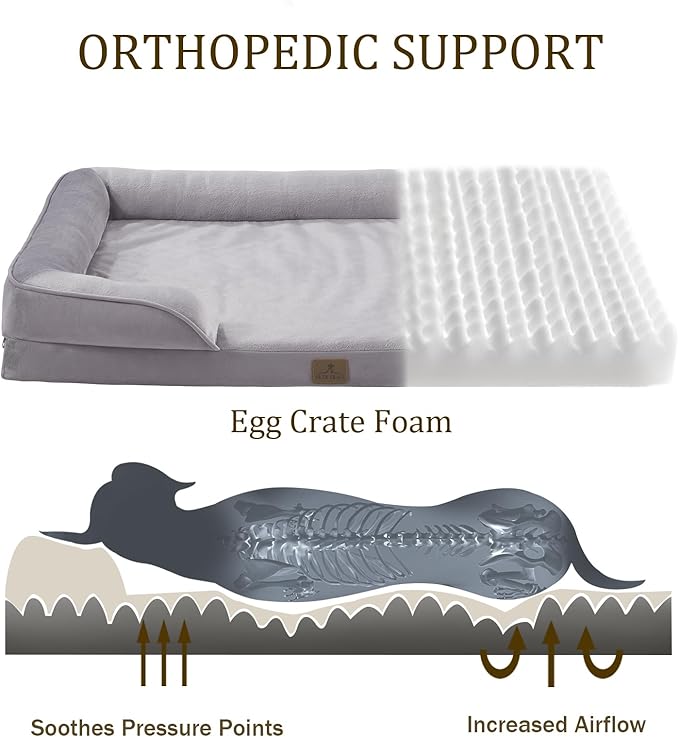 Bedfolks Orthopedic Dog Bed, Waterproof Dog Sofa Bed for Extra Large Dogs, Egg Foam Pet Couch Bed with Removable Washable Cover and Nonslip Bottom, Light Grey