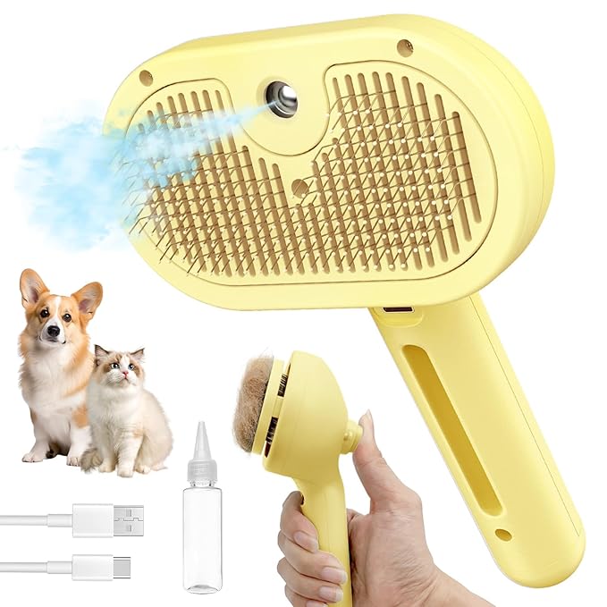 3 In 1 Self-Cleaning Steamy Brush for Pet Grooming - Anti-Static Flying Hair Spray, Removes Loose Hair and Reduces Shedding for Long and Short Fur, Yellow
