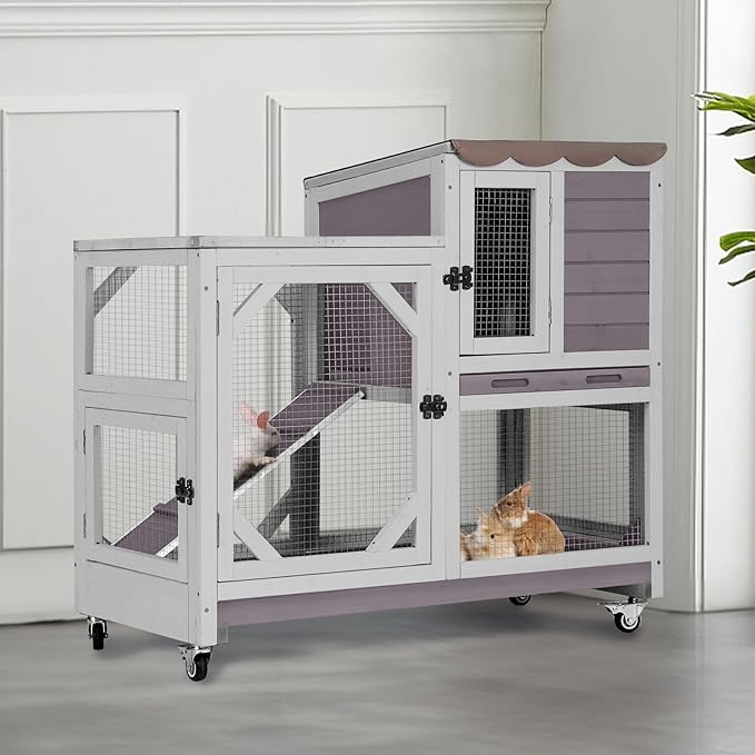 AIVITUVIN 2-Story Rabbit Hutch Indoor for 2-4 Rabbits & Guinea Pigs Wooden Small Animal Cage Guinea with Chew-Proof Design & Slide-Out Trays Bunny Cage with Lockable Wheels