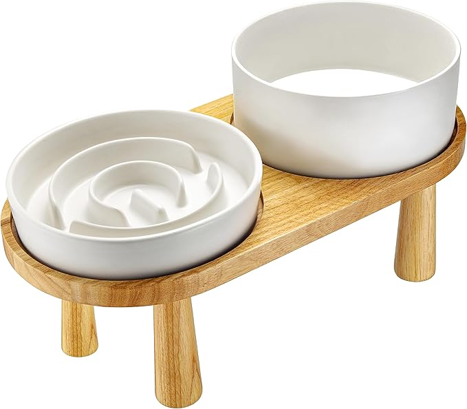 Ceramic Slow Feeder and Water Bowl Set for Medium and Large Dogs, Ceramic Dog Bowls Elevated with Wooden Stand, 2.0 Cups Dog Slow Feeder(30oz) and 70oz Water Bowl Set, White