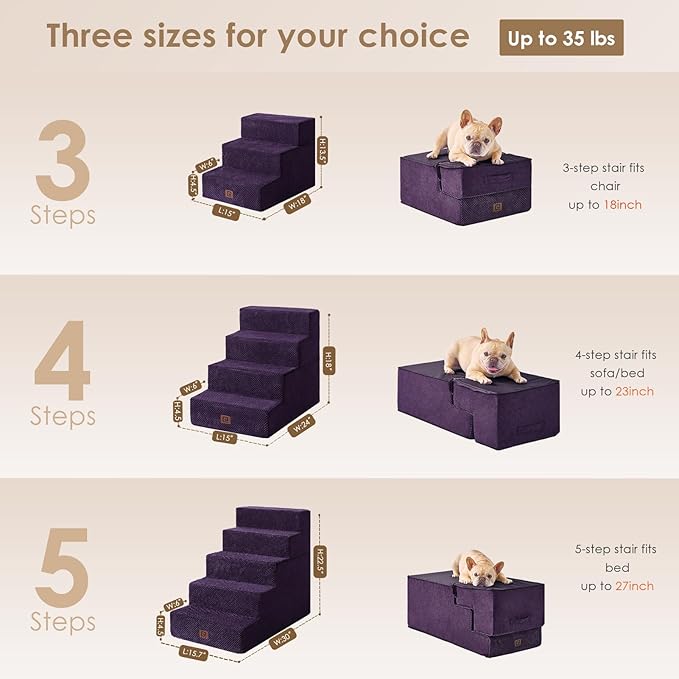 EHEYCIGA Dog Stairs for Small Dogs 13.5" H, 3-Step Dog Steps for Couch Sofa and Chair, Pet Steps for Medium Cats, Non-Slip Balanced Pet Ramp Indoor, Purple
