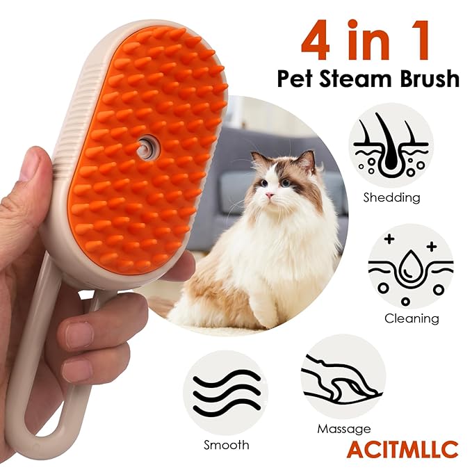 Cat Steam Brush for Shedding & Deshedding - 4-in-1 USB Rechargeable Pet Hair Removal Comb with Water Tank, for Indoor Long/Short Haired Cats & Dogs, Grooming Massage & Cleaning (Khaki)