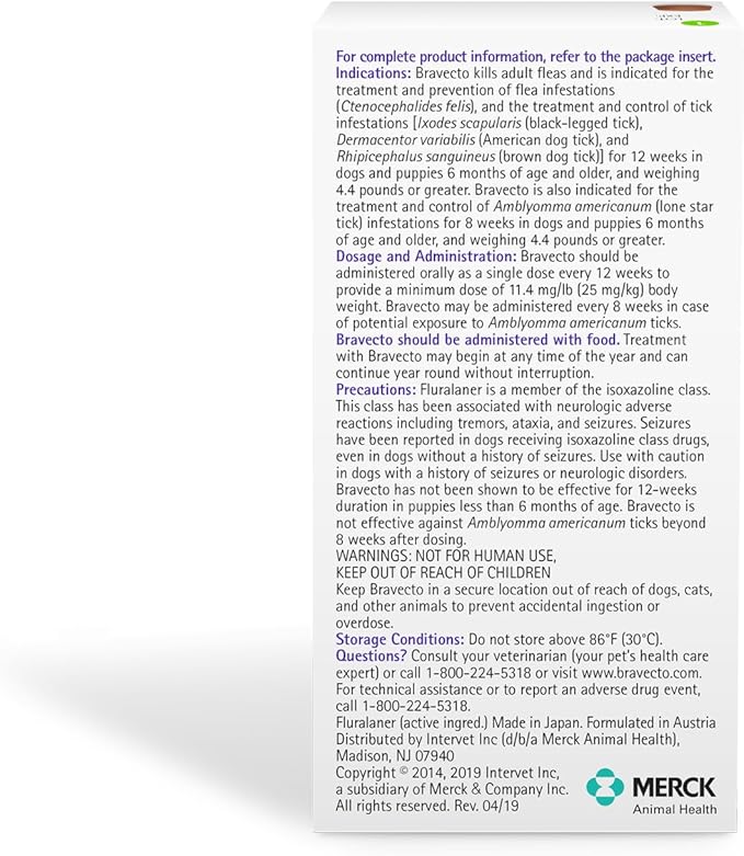 BRAVECTO Chew for Dogs, Flea & Tick, 1 Chew, 12 Week Supply, 22-44 lbs., Green Box