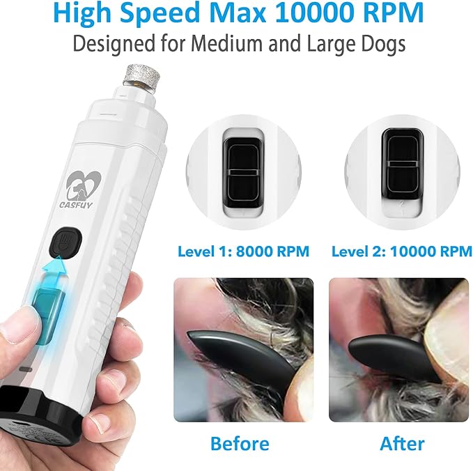 Casfuy Dog Nail Grinder with 2 LED Light for Large Medium Small Dogs - 3X More Powerful 2-Speed Electric Pet Nail Trimmer Rechargeable Quiet Painless Paws Grooming & Smoothing Tool (White)