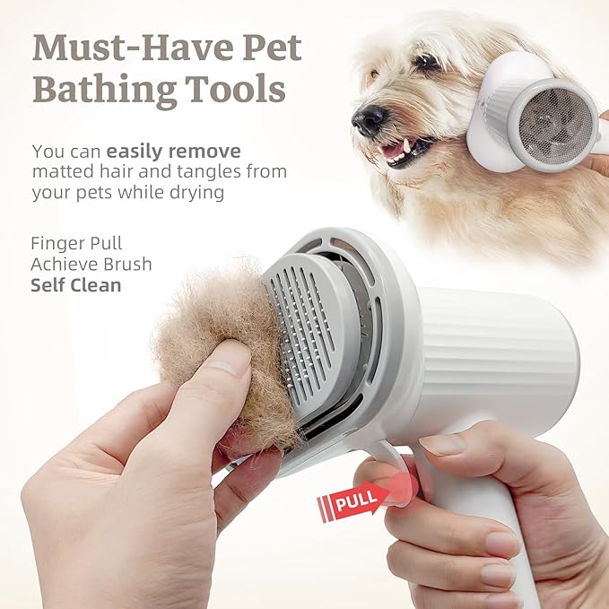 Dog Hair Dryer, Professional 2-in-1 Pet Hair Dryer & Grooming Brush with Removable Comb, Adjustable Temperature/Speed, Portable Dryer for Dogs and Cats