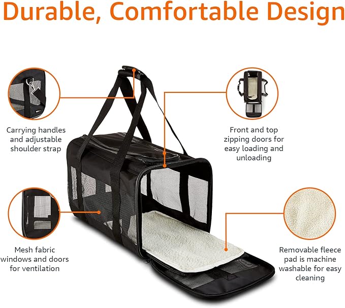 Amazon Basics Soft-Sided Mesh Pet Travel Carrier for Dog, Cat, up to 22 pounds, 19.7" L x 12" W x 12" H, Black