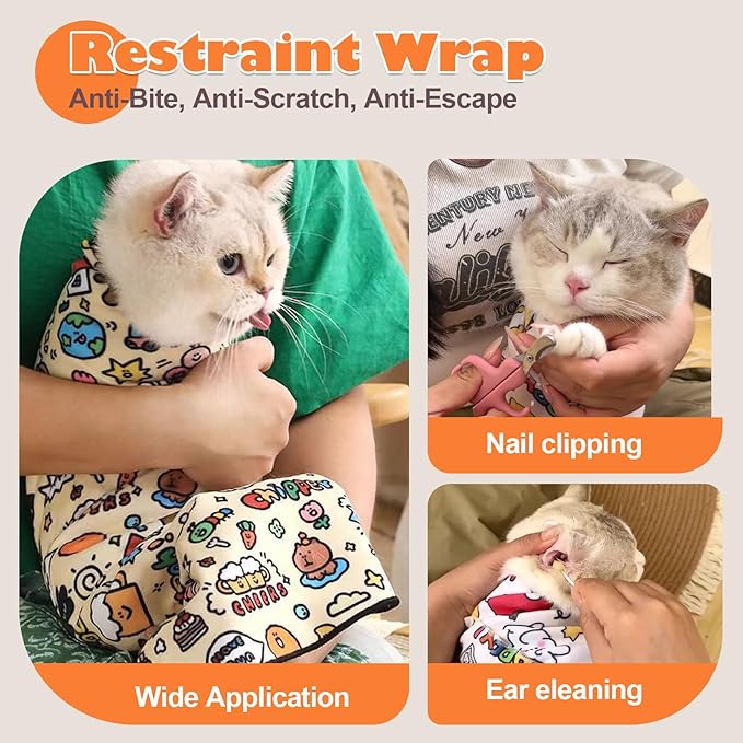 Cat Grooming Wrap, Cat Wrap Self-Adherent, Anti-Scratch Anti-Bite, Anti-Escape Grooming Bag for Cats Nail Clipping, Ear Cleaning, and Teeth Brushing (19.7 × 19.7" Cat Prints)