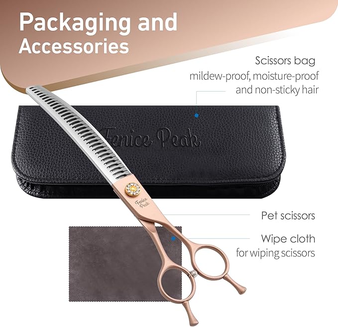 Fenice Peak Professional Curved Chunker Dog Grooming Scissors 8.0'' Rose Gold Thinning Shears Extremely Sharp Blades 440C Stainless Steel Thinning Shears Durable Smooth Fine Cut for Dogs and Cats.
