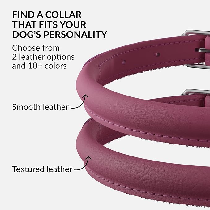 CollarDirect Rolled Leather Dog Collar, Soft Padded Round Puppy Collar, Handmade Genuine Leather Collar Dog Small Large Cat Collars 13 Colors (11-14 Inch, Pink Smooth)