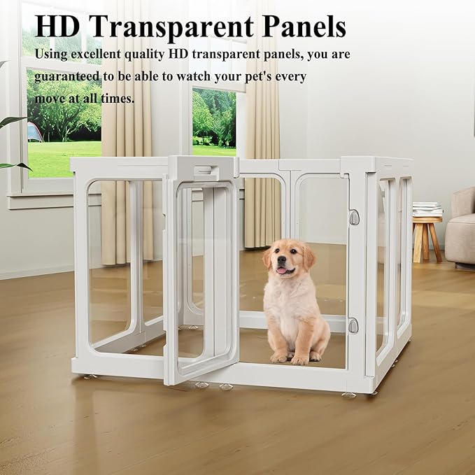 Clear Acrylic Dog Playpen with Door, for Puppy Cat Rabbit Transparent Pet Pen, Dog Playpen Indoor, Dog Fence, Easy Assemble & Cleaning Dog Pen for Small & Medium Dogs (23.6“ Height, 8PCS)