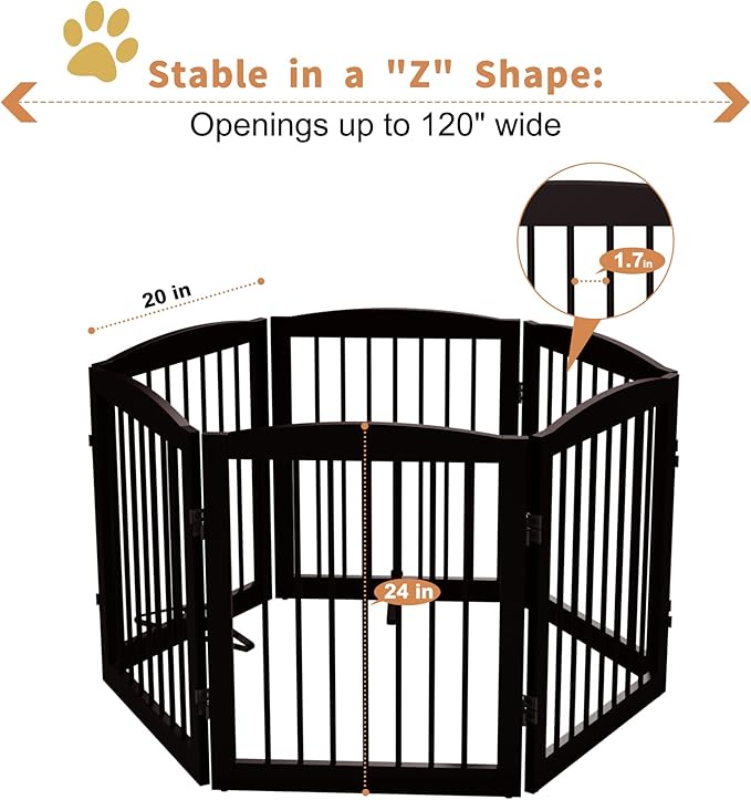 Freestanding Pet Gate for Dogs, Foldable Wooden Dog Gate for House, Extra Wide Indoor Pet Barrier for Stair, Doorway, Hall, Support Feet Included, 120 Inch Wide, 6 Panels 24", Brown