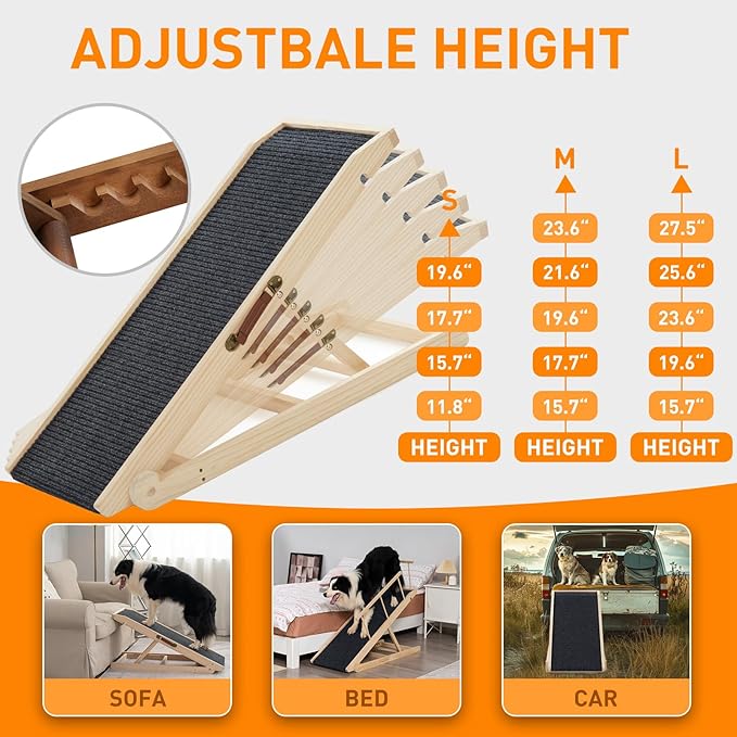 Dog Ramp for Bed, Dog Stairs for Small and Large Dogs, Portable Dog Steps for Bed, Couch, Car, Adjustable Pet Ramp, Anti-Slip Traction Mat Pet Steps, Support up to 210 lbs (Log Color, LENTH-55.1IN)