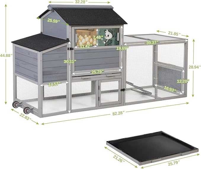 COZIWOW 82" Large Wooden Chicken Coop, Outdoor Rabbit Hutch with Wheels, Sunshine Board, Asphalt Roof, Ramp, Openable Top, Door, Window, Pull-Out Tray, Indoor Bunny Cage (Gray with Pattern)