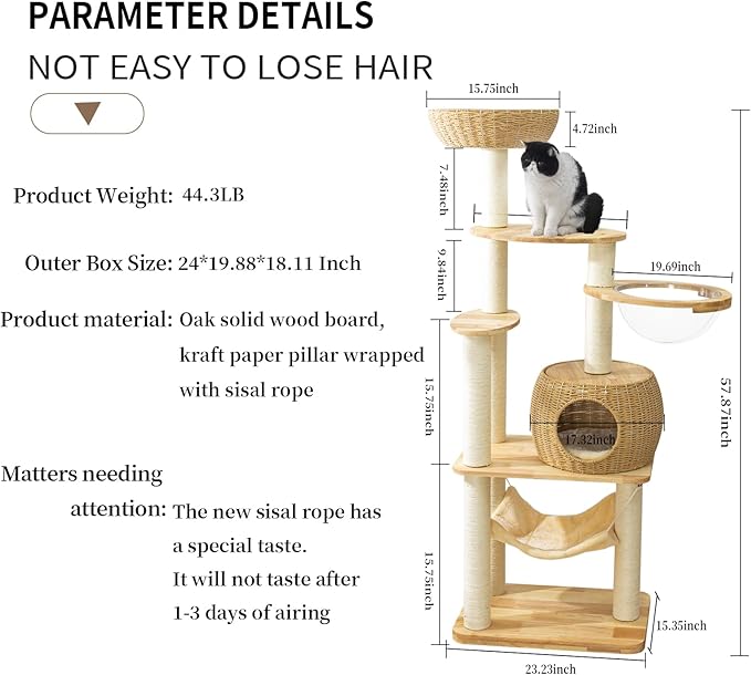 59" Big Modern Cat Tree Tower, Cat Tower Sisal-Covered Scratching Posts for Indoor Cats, Oak Wood Cat Tree for Large Cats, Multi-Level Cat Condo with Space Capsule Nest, Cat Furniture Activity Centre
