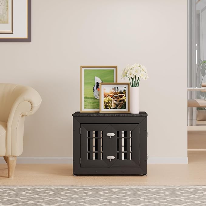 26" Heavy Duty Dog Crate Furniture for Small,Medium and Large Dogs,Rustic Wooden Dog Cage Kennel Indoor Furniture with Waterproof Top,Decorative Pet House Side End Table (Black)