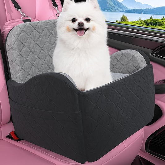 Dog Booster Car Seat, 6in Memory Foam Adjustable Booster Cushion for Small/Medium Dogs, Detachable and Washable Dog Car Seat with Cooling Mat, Pet Booster Seat with Storage Pockets, 2 Safety Belts