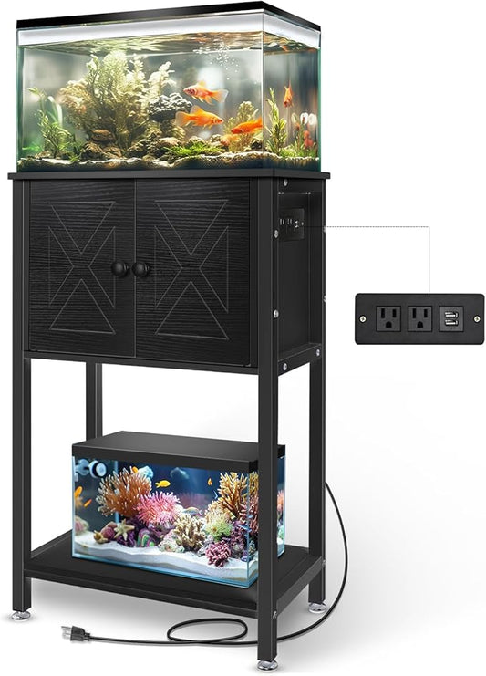 5-10 Gallon Fish Tank Stand, Heavy Duty Aquarium Stand with Cabinet & Power Outlets for Fish Tank Accessories Storage, Double Tank Stand 20.5" L* 11" W Tabletop, 220LBS Capacity Black