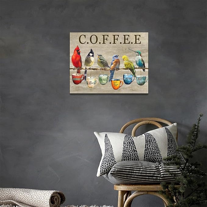Rustic Bird Coffee Wall Art Kitchen Christ Coffee Pictures Wall Decor Farmhouse Cardinal Hummingbird Canvas Print Painting Artwork for Coffee Bar Living Room Bedroom 12"x16"