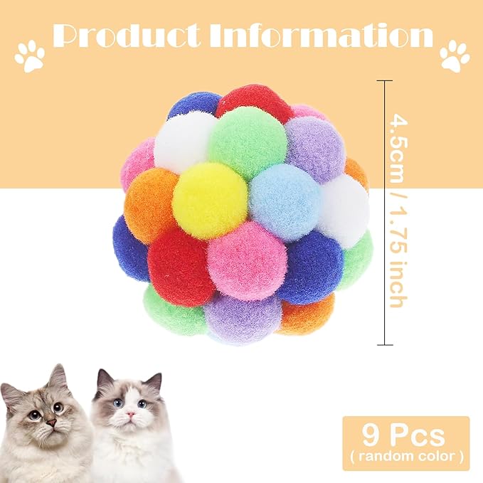 9PCS Cat Toy Balls, 1,75'' Soft Pom Pom Ball for Kittens, Colorful Soft Fuzzy Balls Built-in Bell for Cats, Interactive Playing Chewing Toys for Indoor Cats and Kittens, Cute Kitten Kitty Toys