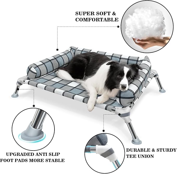 Elevated Raised Dog Bed Cot - Cooling Dog Bed with Pillows, Portable Washable Pet Cot with Metal Frame for Indoor & Outdoor Use