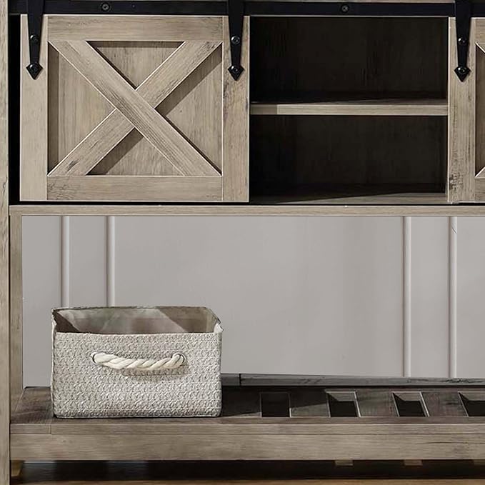 Entryway Table with Storage, Farmhouse Buffet Cabinet Coffee Bar Kitchen Island with Sliding Barn Doors & Shelves, Console Table for Kitchen, Dining Room, Living Room, Grey