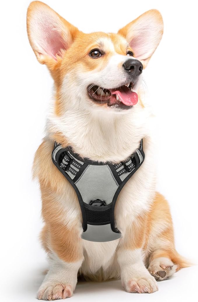 Eagloo Dog Harness Medium Sized Dog, No Pull Service Vest with Reflective Strips and Control Handle, Adjustable and Comfortable for Easy Walking, No Choke Pet Harness with 2 Metal Rings, Grey, M