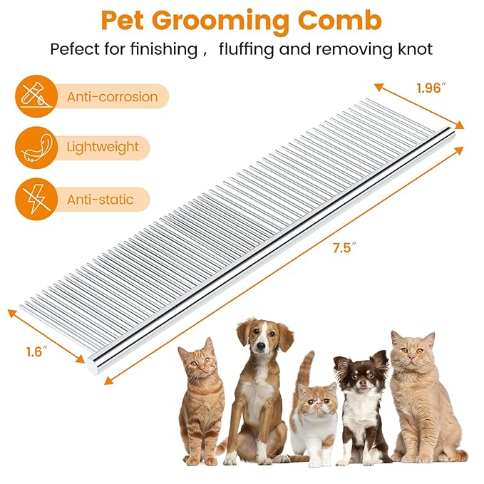 2Pcs Stainless Steel Dog Comb, Round Tooth Cat Comb with 2 Tooth Widths, Metal Combs for Removing Knots and Tangles, Grooming Tool for Long and Short Hair Pets, 7.5 IN Silver