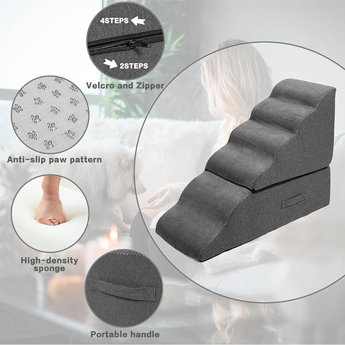 Dog Steps for High Beds 30-32" H - 6-Step Dog Stairs for Small Dogs, 33D Foam Pet Steps for High Bed with Non-Slip Bottom and Washable Cover, Dogs Ramp for Bed Indoor, Dark Grey