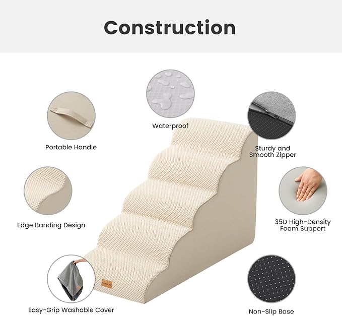 Gardner Pet Dog Stairs for Small Dogs 22.8" H, 5-Step Beige Curved Pet Stairs, Dog Steps for High Bed, Couch (24-30 in) with Durable Non-Slip Waterproof Fabric Cover and CertiPUR-US Certified Foam