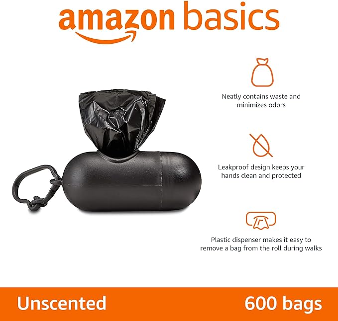 Amazon Basics Dog Poop Bags with Dispenser, 600 Count, Enhanced for Guaranteed Leakproof, Unscented, Includes Leash Clip