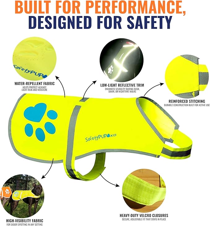 Dog Reflective Vest – Hi-Vis Fluorescent Visibility That Helps to Safeguard Your Pet On/Off Leash in Urban & Rural Areas (Yellow, Small)
