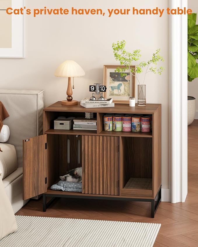 Cat Litter Box Enclosure, Large Hidden Pet Storage Cabinet Furniture with Waveform Fluted Doors & Scratching Pad, Modern Wooden Cat House Indoor for Washroom, Living Room, Bedroom, Rustic Brown