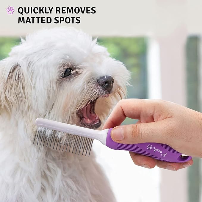 Poodle Pet Detangling Pet Comb with Long & Short Stainless Steel Teeth for Removing Matted Fur, Knots & Tangles – Detangler Tool Accessories for Safe & Gentle DIY Dog & Cat Grooming