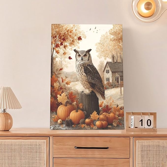 Fall Owl Wall Art Autumn Pumpkin Leaves Wall Decor Rustic Canvas Print Farmhouse Pictures Painting Print Framed Artwork Decorations Gifts for Living Room Bathroom Bedroom Office 16"x24"