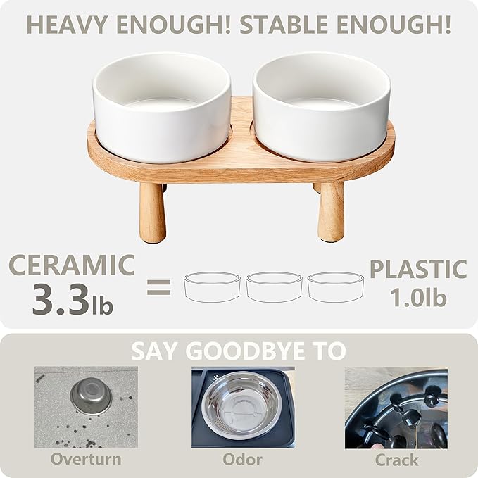 Ceramic Elevated Dog Bowls, Pet Food and Water Bowl Set for Small Dogs and Cats, 1.7 Cups Elevated Cat Bowls with Wood Stand, 14OZ, White