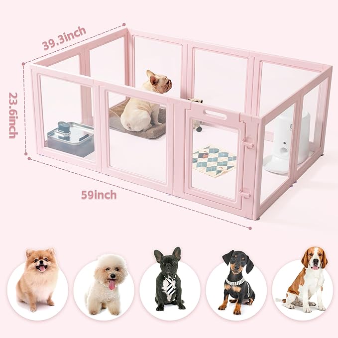 DIY Clear Acrylic Dog Playpen House,Quick Easy Assembly and Disassembly,Strong Floor Suction,Indoor and Outdoor Use,Easy Cleansing Puppy Fence (Sakura Pink, 23.6" H, 12PCS)